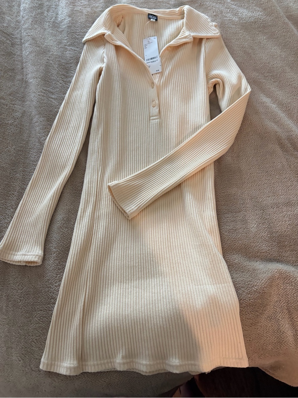 BDG Cream Ribbed Long-Sleeve Polo Dress